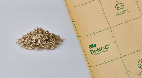 Pila de papel reciclado junto a un rollo de lámina decorativa 3M 
