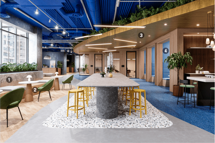 Espacio moderno coworking renovado con colores llamativos y revestimientos decorativos naturales
