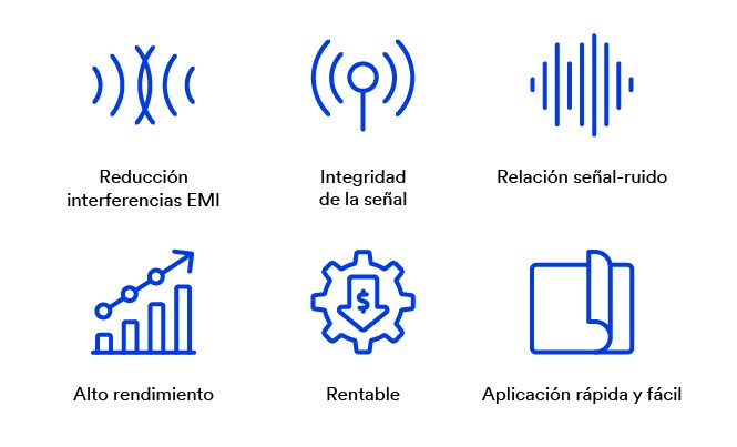 Iconos de soluciones EMI 3M: reducción ruido, integridad, señal-ruido, alto rendimiento

