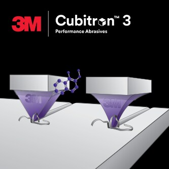 Ilustración de dos granos abrasivos con el logo 3M Cubitron 3 en el superior
