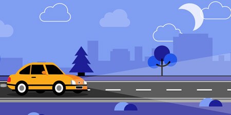 Dibujo animado de un coche en una carretera con poca iluminación
