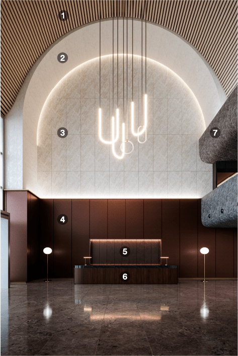 Amplia zona de recepción terminada con distintos colores y texturas de revestimientos decorativos
