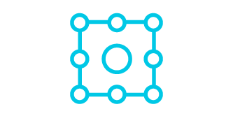 Icono de un cuadrado con círculos en los vértices y en los lados, el icono es una ilustración de líneas de color verde azulado con fondo blanco.
