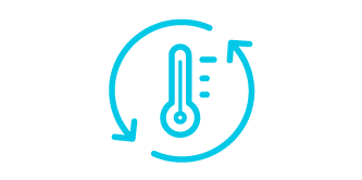 Icono de un medidor de temperatura y dos flechas que rodean el medidor. El icono es una ilustración de líneas de color verde azulado con fondo blanco.
