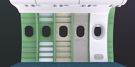 Pared, piso, techo de un avión que muestra dónde aplicar sistemas termoacústicos 3M.
