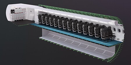 La mitad de los asientos de la sección transversal interior de una cabina de avión
