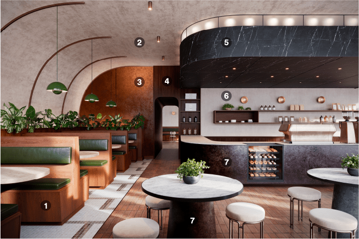 Cafetería moderna renovada con revestimientos decorativos DI_NOC 
