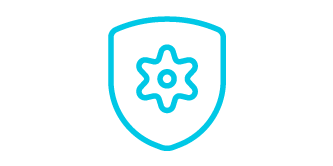 Icono de un engranaje dentro de un escudo, el icono es una ilustración de líneas de color verde azulado con fondo blanco.
