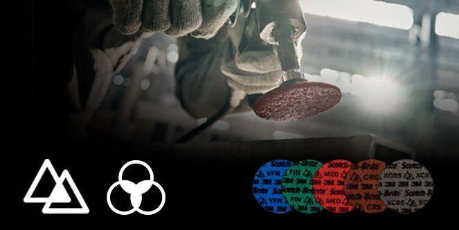 Desbaste de metal con grano PSG 3M; abajo a la izquierda: icono multiuso con 3 círculos; abajo a la derecha: 4 discos Fino, Medio, Grueso, Extragrueso
