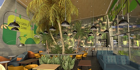 Estación de carga para VE diseñada con productos de revestimiento decorativo.
