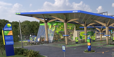 Estación de carga para vehículos eléctricos superpuesta con productos de 3M de gráficos y señalización.
