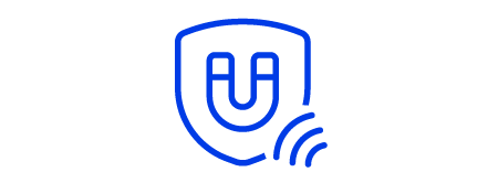 Icono de escudo con imán y onda, líneas azules con fondo blanco.
