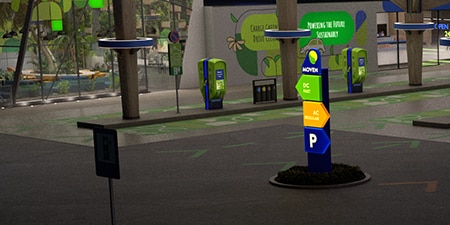 Señal de estación de carga para VE superpuesta con productos de señalización iluminada.
